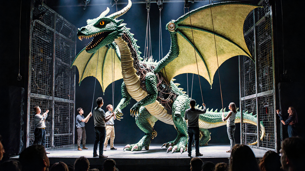 Performers manipulating a puppet dragon interior with wires and mesh-like body exposed