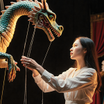 Tanzyn Crawford puppeteer manipulating puppet dragon with scales and strings while colorful costume details appear behind