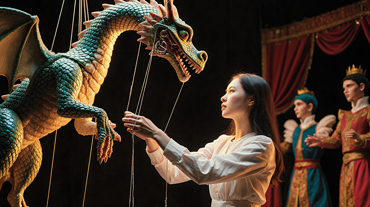 Tanzyn Crawford puppeteer manipulating puppet dragon with scales and strings while colorful costume details appear behind