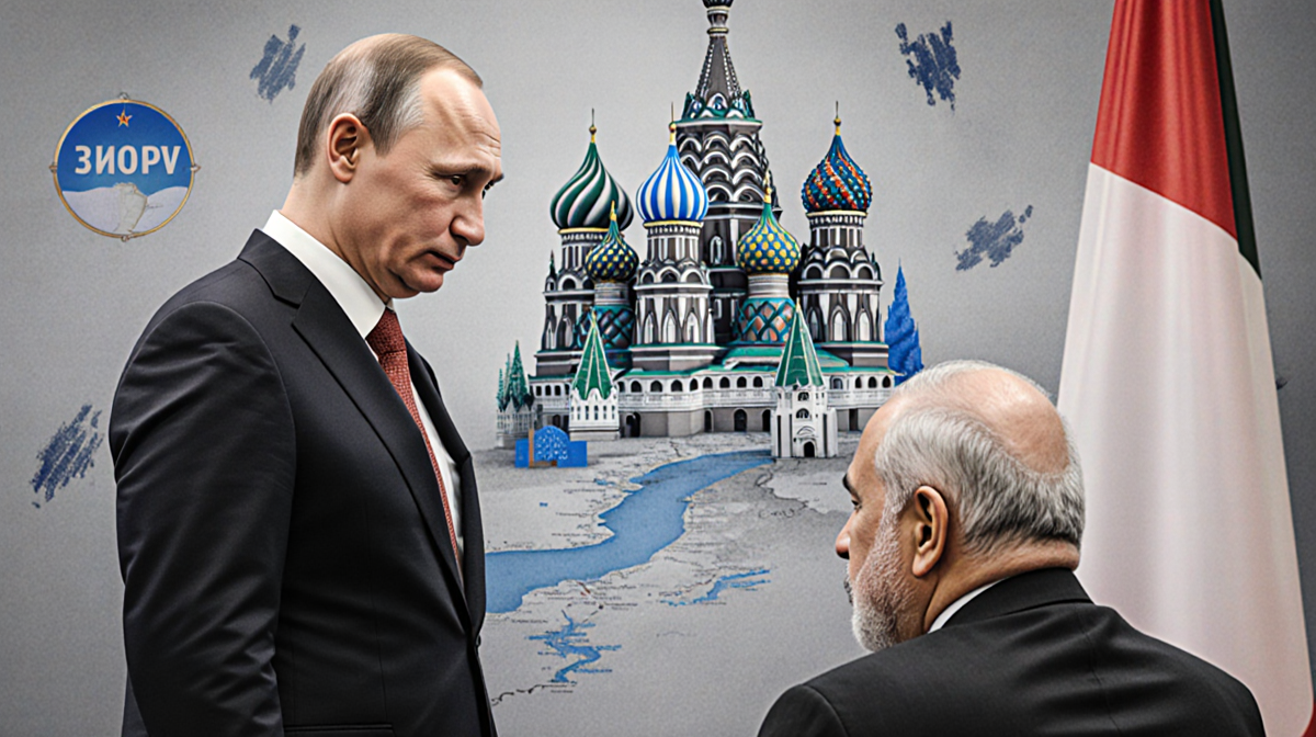 President Vladimir Putin standing and meeting Mahmoud Abbas seated with a partially unrolled map of Moscow and Soviet archite