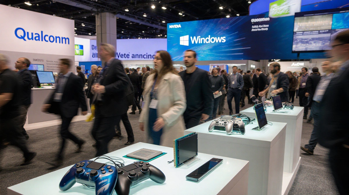 Crowd walks past Qualcomm Windows ARM processors on exhibit tables with gaming devices and NVIDIA logo visible