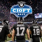 Raiders celebrating their No.1 pick with confetti and a glowing LED scoreboard showing 34-17 at Allegiant Stadium