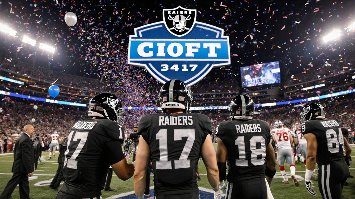 Raiders celebrating their No.1 pick with confetti and a glowing LED scoreboard showing 34-17 at Allegiant Stadium
