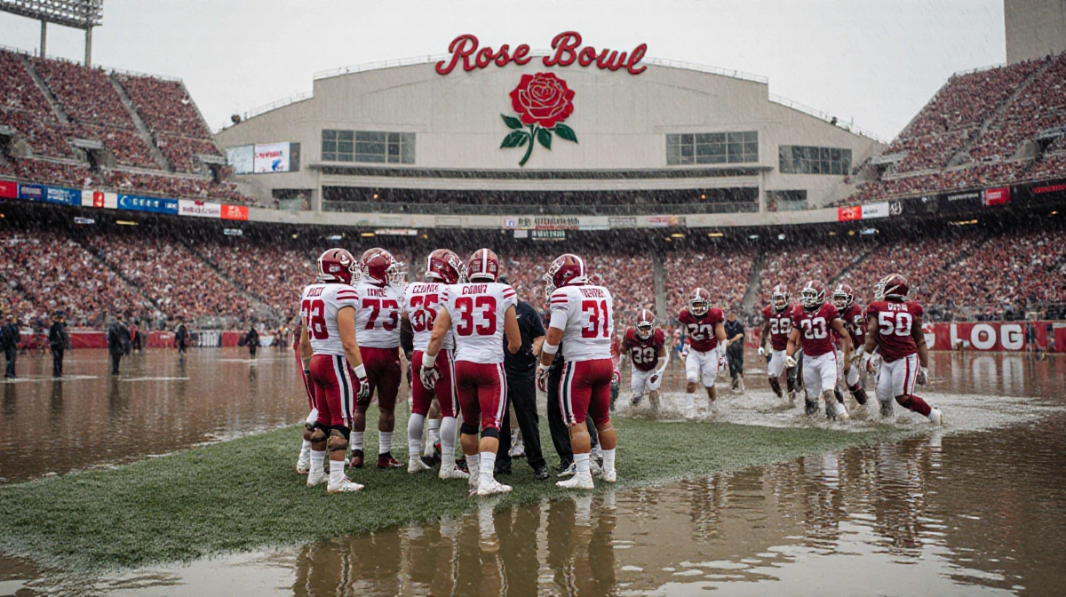 Indiana Hoosiers gather with Coach Curt Cignetti on the rain-soaked Rose Bowl football field Alabama team struggles behind