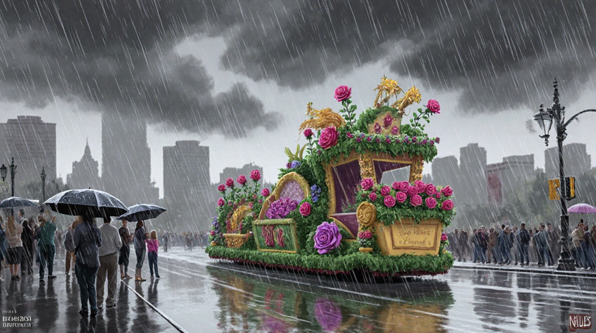 Rain-soaked float glistening with bright flowers while people hold umbrellas and look up at the parade over wet pavement