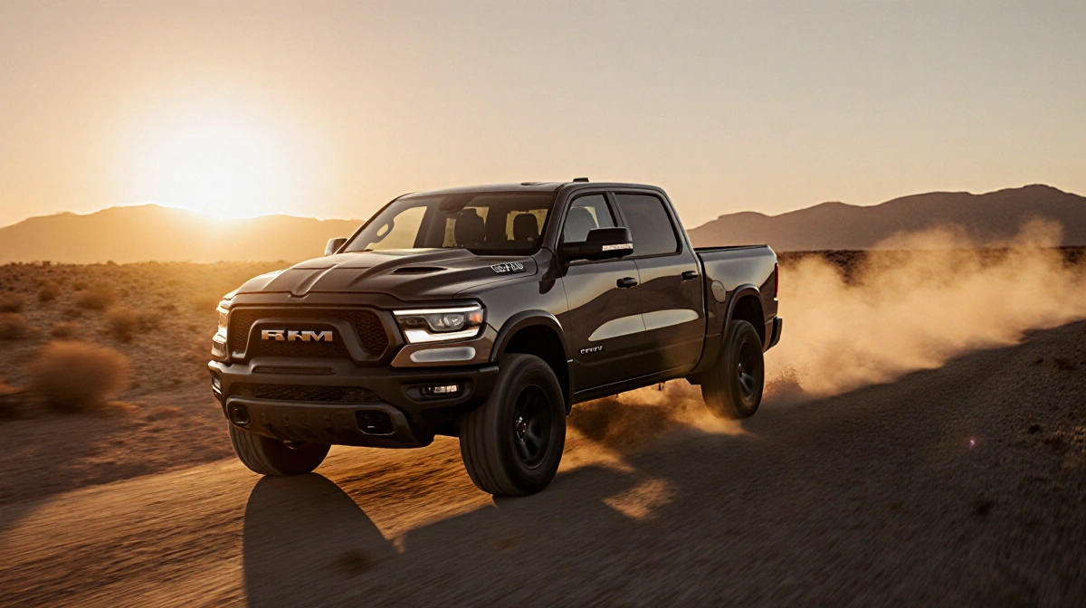 Ram 1500 SRT TRX racing down a desert road at sunset with a golden glow and a visible supercharged engine