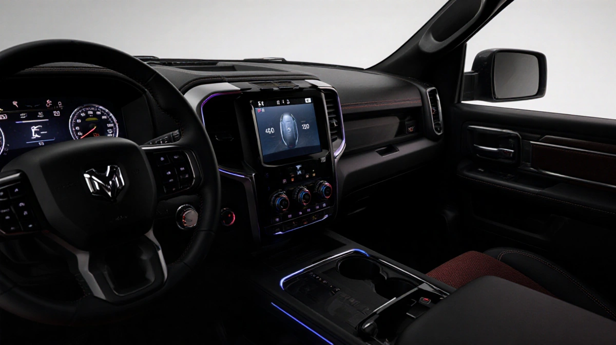 Infotainment system displays futuristic interface with ambient lighting and adjustable steering wheel.