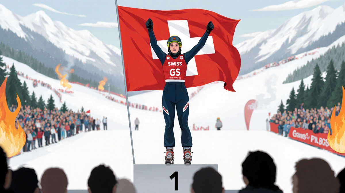 Rast standing on podium with Swiss flag behind and subtle flames in background reflecting snowboarding victory and tragedy.