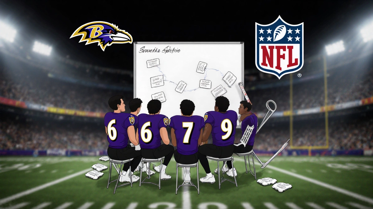 Ravens team huddles around a whiteboard with crutches and bandages scattered in a dimly lit stadium background