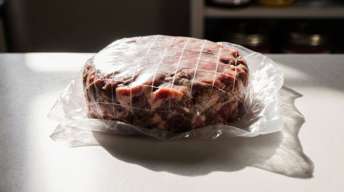 Raw ground beef patty sitting on kitchen counter with grid visible through plastic wrap and shadow.