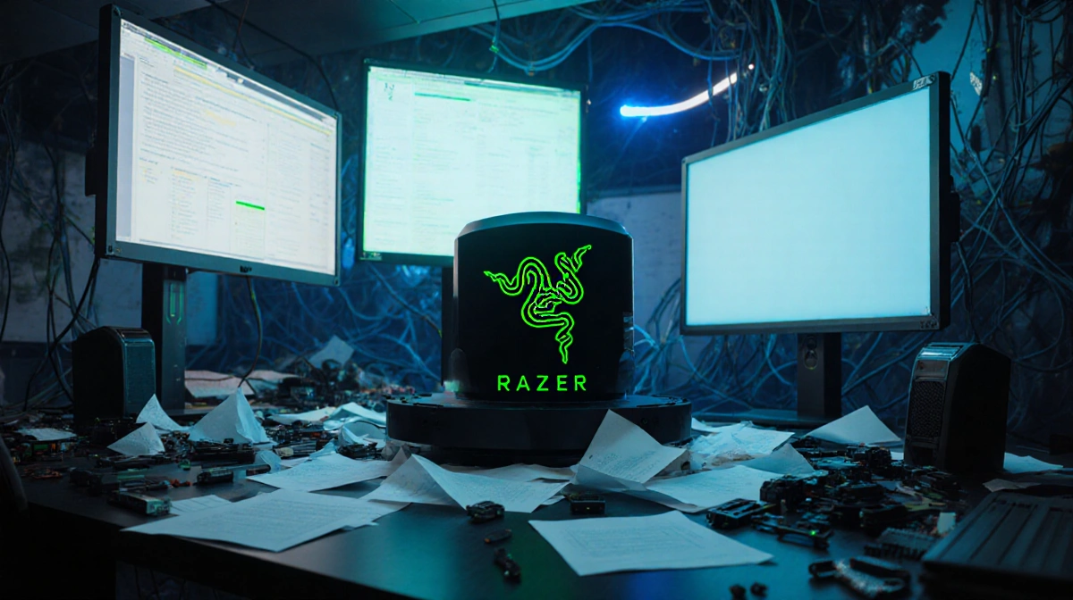 Razer Project Ava prototype sits on messy desk with glowing screens and scattered papers showing AI confusion