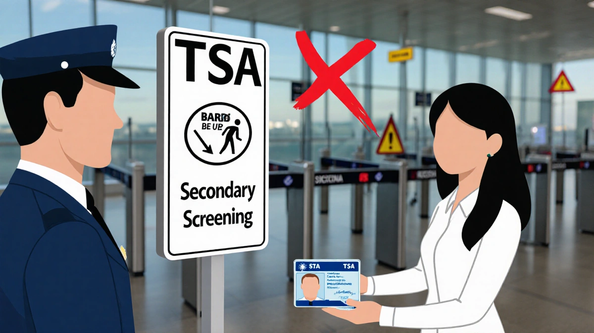TSA agent holding up passenger's ID with secondary screening sign and red X warning flag in blurred airport line