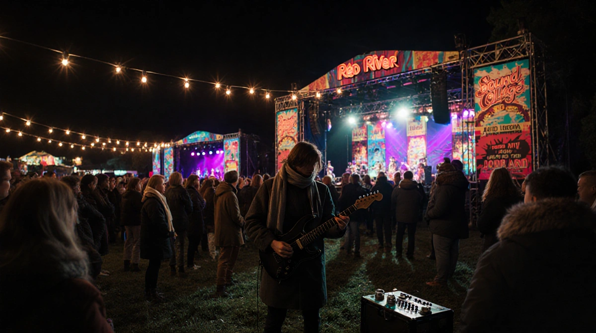Musician plays darkwave guitar on colorful festival stage with string lights and crowd bundled in coats watching