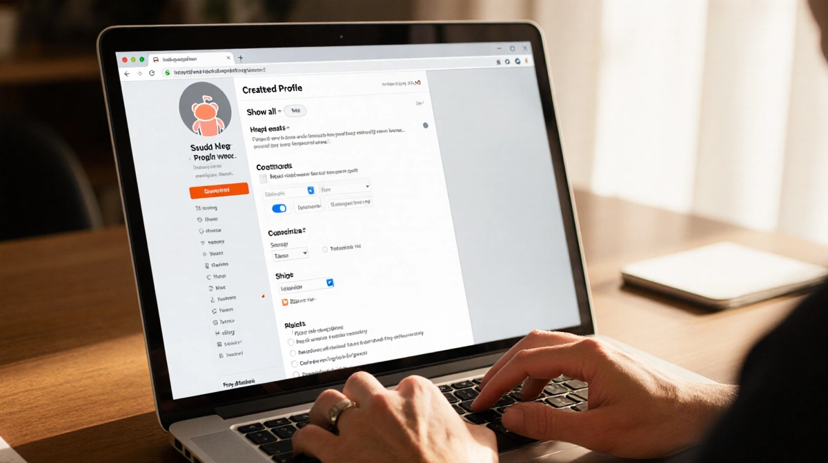 Person navigating Reddit profile settings with laptop and toggles for Show all Hide all under warm side light