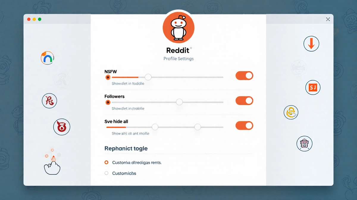 Reddit settings panel displays NSFW toggle with follower toggle beside minimalist subreddit icons.