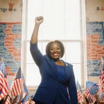 Renee Hardman raising her right arm in victory with Iowa Senate flags waving around and an Iowa map behind.