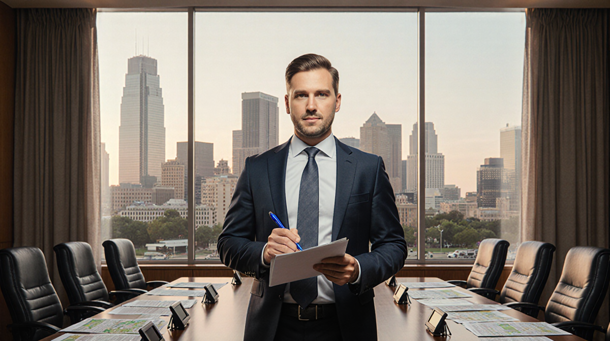 Reporter holding notebook and pen in front of council room with Austin skyline and scattered maps and monitoring gear.