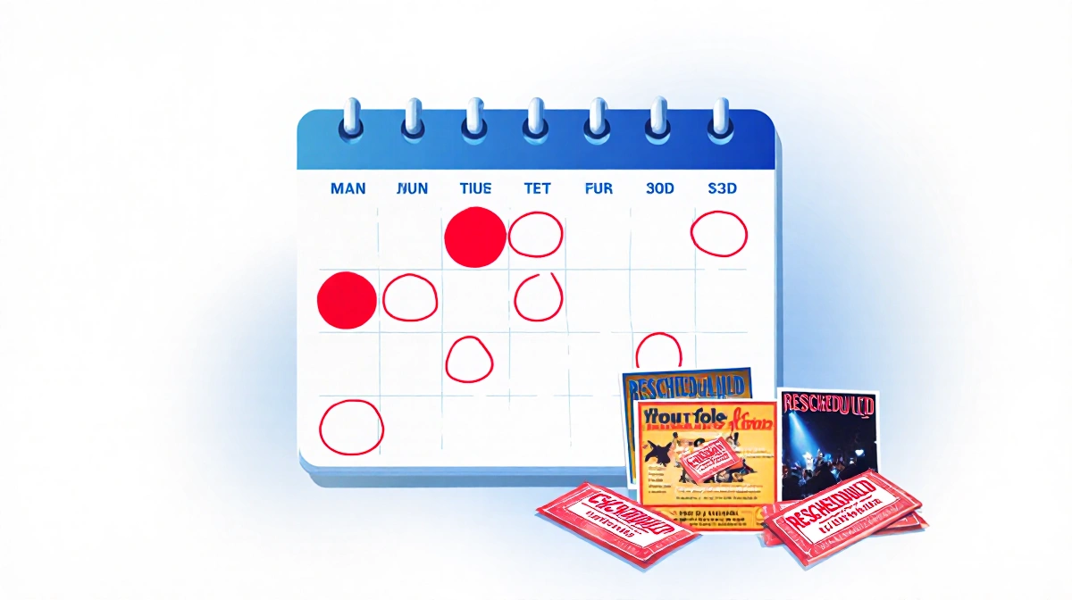 Calendar showing rescheduled tour dates with red circles and scattered tickets stamped Rescheduled