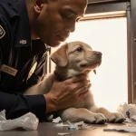 Police officer gently holding puppy