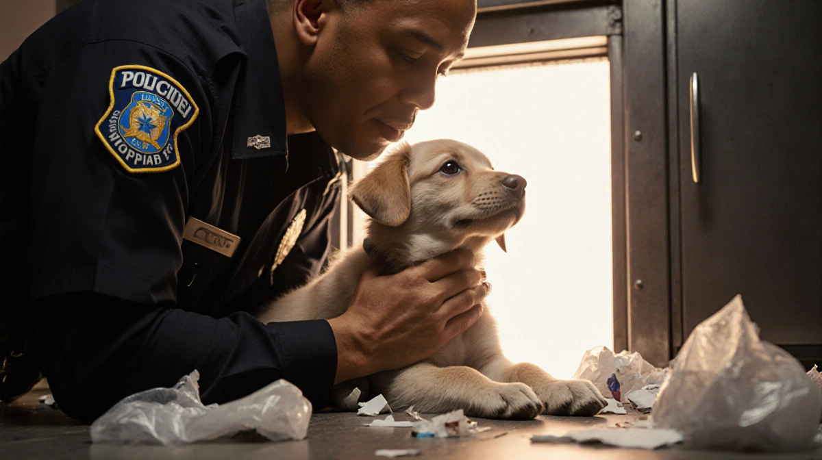 Police officer gently holding puppy