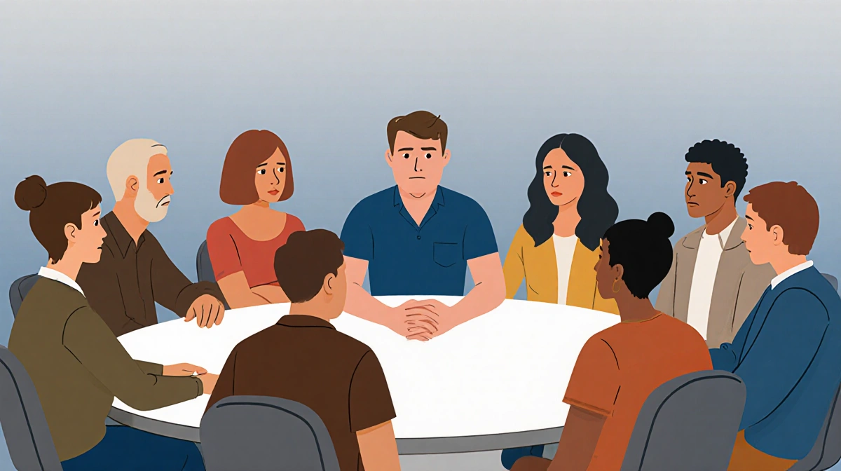 Heath Patterson sits at center of circular table in community discussion with skeptical expression and neighbors with varied 