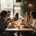Friends sharing a meal at a large wooden table with soft golden lighting and lush greenery in a lively restaurant.