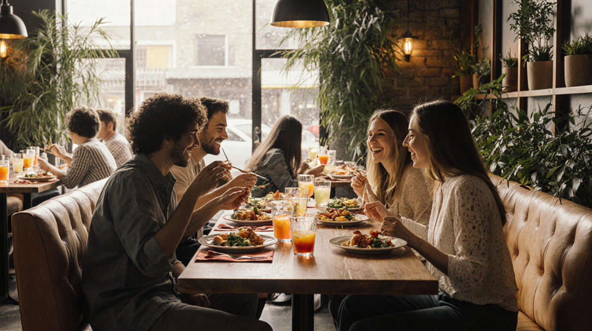 Friends sharing a meal at a large wooden table with soft golden lighting and lush greenery in a lively restaurant.