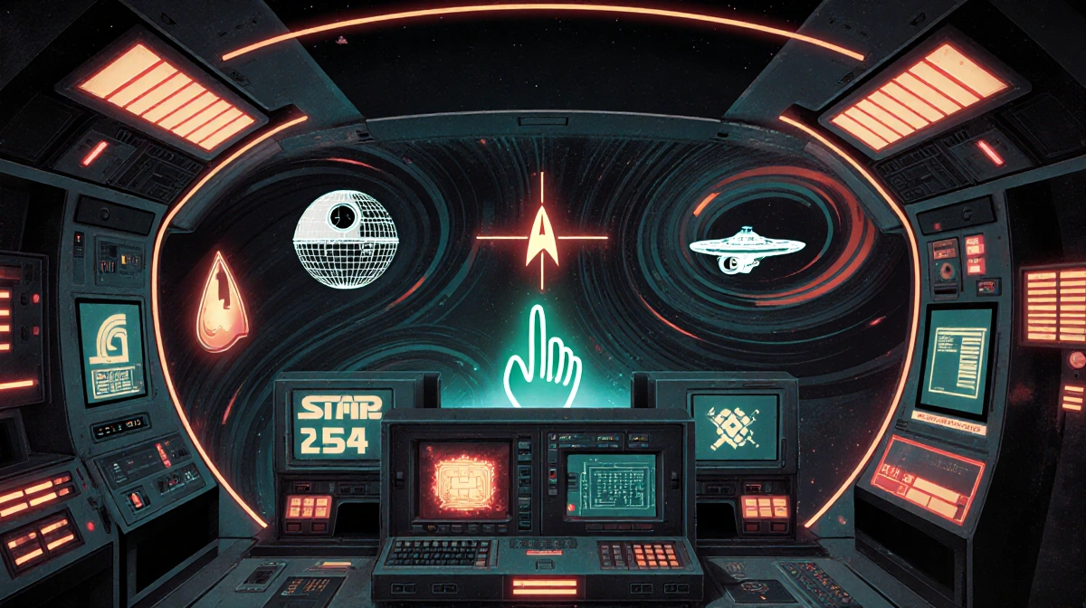 Retro-futuristic control room glows with vintage LED screens and sci-fi icons showing Death Star and Enterprise with E.T.'s f