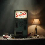 Vending machine sits atop dusty wooden table with faded Sprinkles logo and scattered cupcake wrappers nearby.