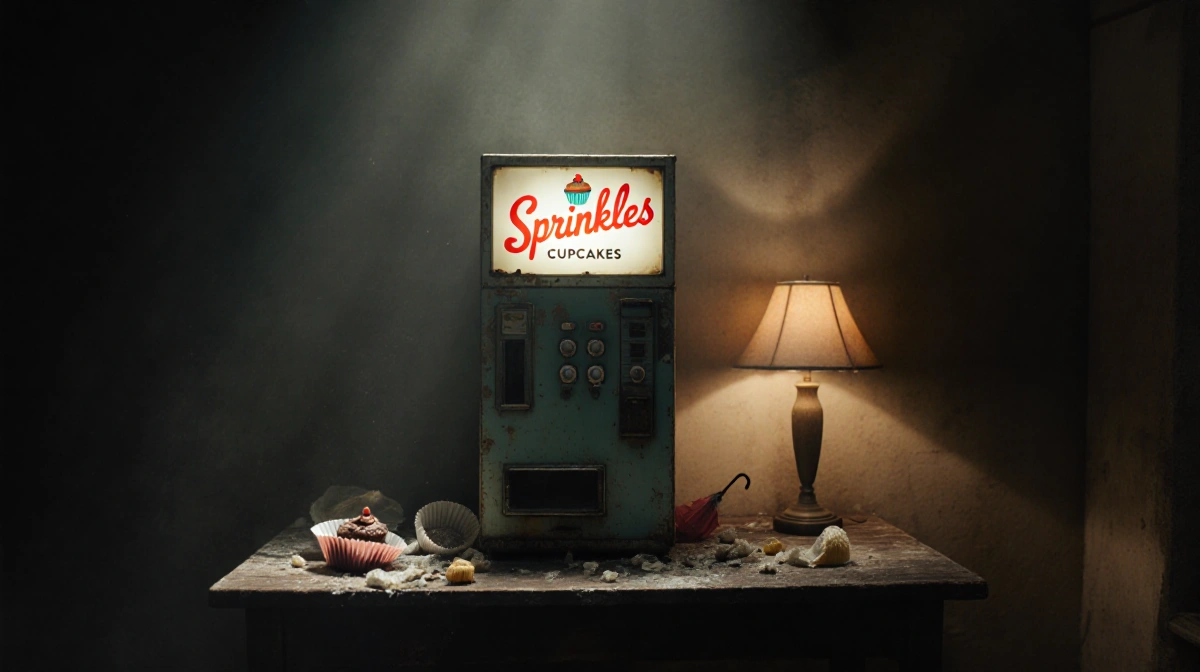 Vending machine sits atop dusty wooden table with faded Sprinkles logo and scattered cupcake wrappers nearby.