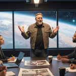 Rian Johnson stands gesturing passionately to a diverse group of filmmakers with galaxy view and Star Wars concept art.