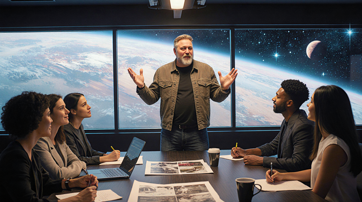 Rian Johnson stands gesturing passionately to a diverse group of filmmakers with galaxy view and Star Wars concept art.