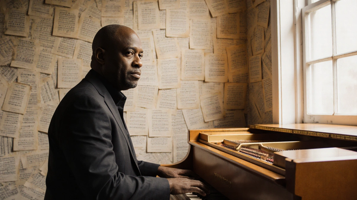 Richard Smallwood standing in front of a golden piano with his hands on the keys with music sheets in background light glow