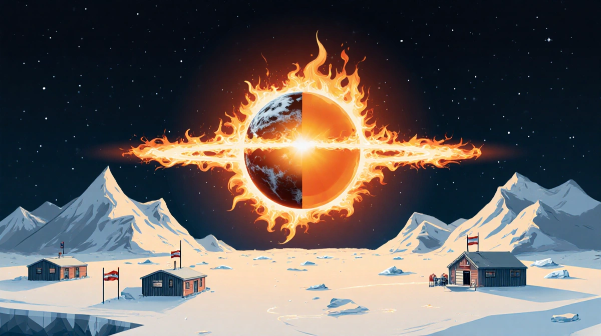 Eclipse surrounds the sun over Antarctica with snowy mountains and research station flags