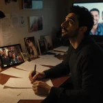 Riz Ahmed looking up from his notes with casting notices and family photos on a desk while a TV screen shows his audition.