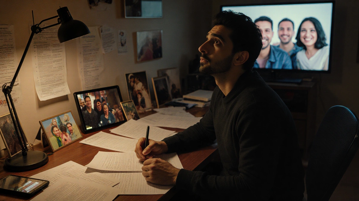 Riz Ahmed looking up from his notes with casting notices and family photos on a desk while a TV screen shows his audition.