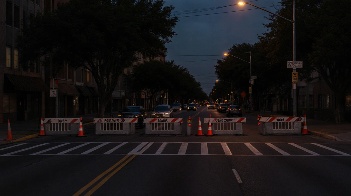 Concrete barriers block traffic on closed streets with streetlights illuminating open lanes in evening.