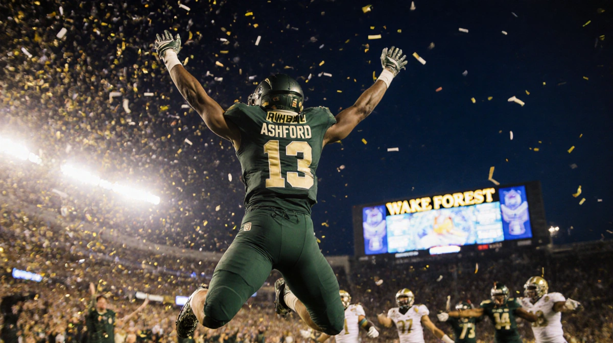 Robby Ashford leaping with arms outstretched after touchdown with confetti falling and Wake Forest logo shining in dark blue