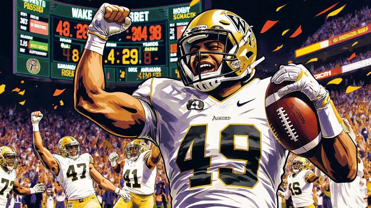 Robby Ashford celebrating with two footballs and a triumphant expression near a Wake Forest scoreboard showing 43-29.