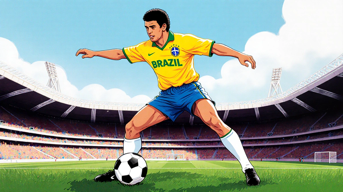 Roberto Carlos defending the ball with Brazil jersey and Stade de France in background