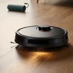 Roborock Qrevo Curv 2 robot vacuum gliding across hardwood floor with golden glow and Power-Wash Roller waiting nearby