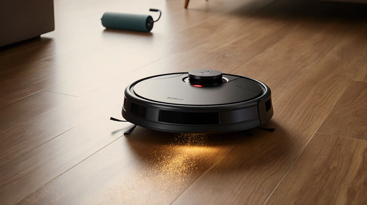 Roborock Qrevo Curv 2 robot vacuum gliding across hardwood floor with golden glow and Power-Wash Roller waiting nearby