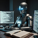 Humanoid robot typing on keyboard with glowing blue eyes and open leather book and pen nearby