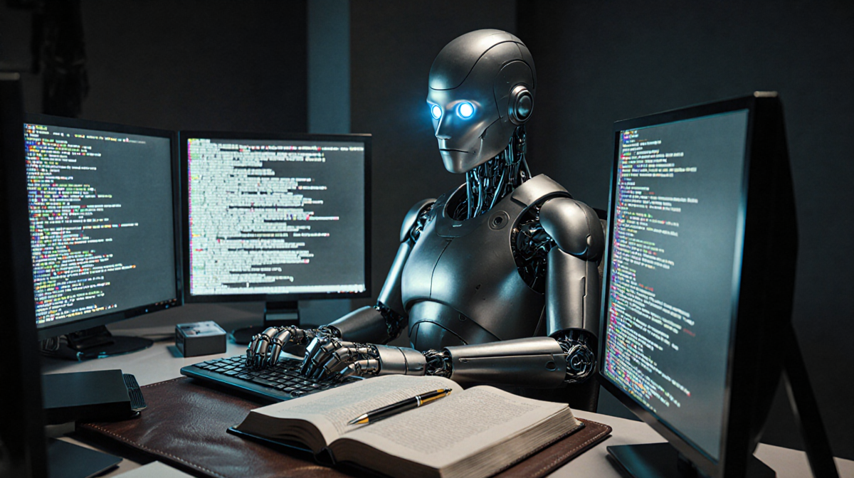 Humanoid robot typing on keyboard with glowing blue eyes and open leather book and pen nearby