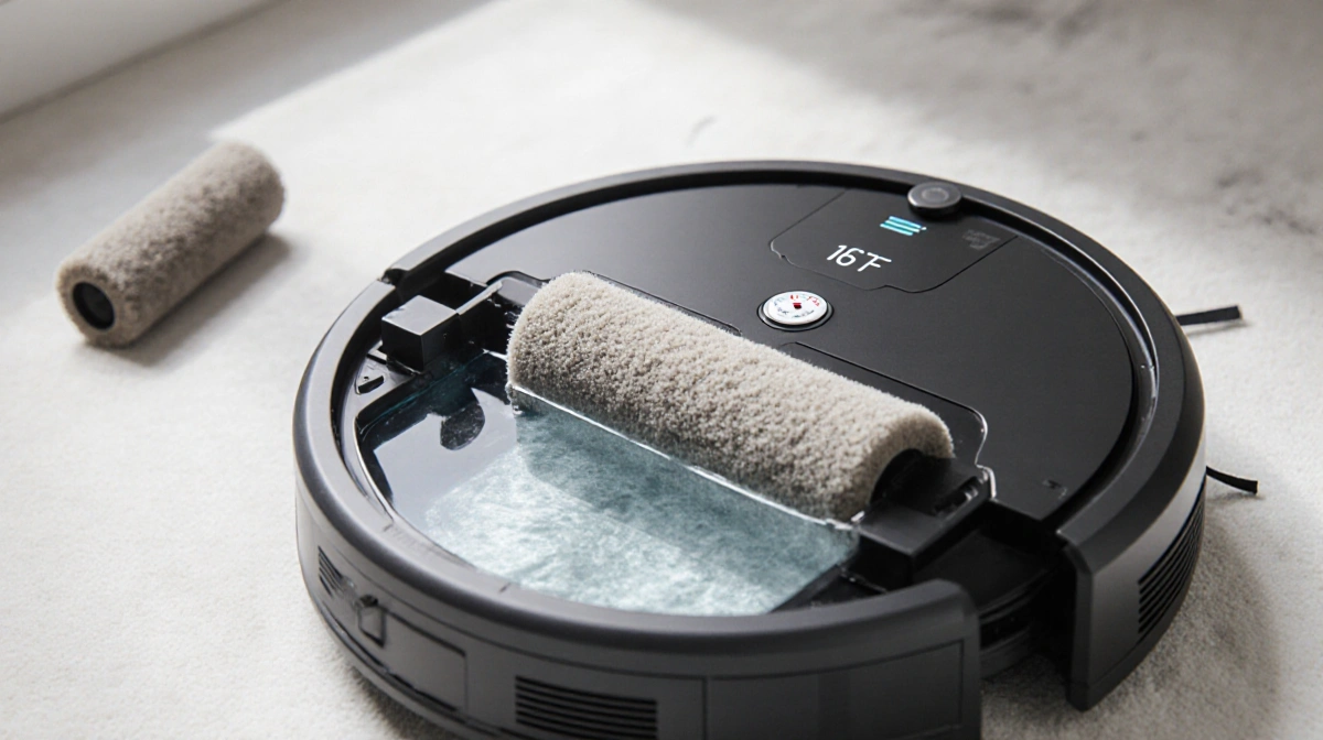 Robot vacuum cleaning roller in self-cleaning base with warm water and temperature sensor showing 167°F