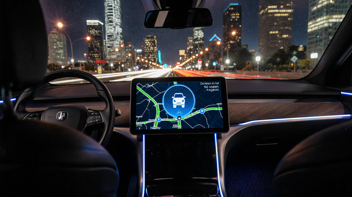 Navigation screen showing route map and robotaxi icon with blue glow and Dallas skyline reflected in windshield