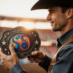 Rodeo rider holding a belt buckle with swirling patterns and glittering stars while the Will Rogers Coliseum glows.