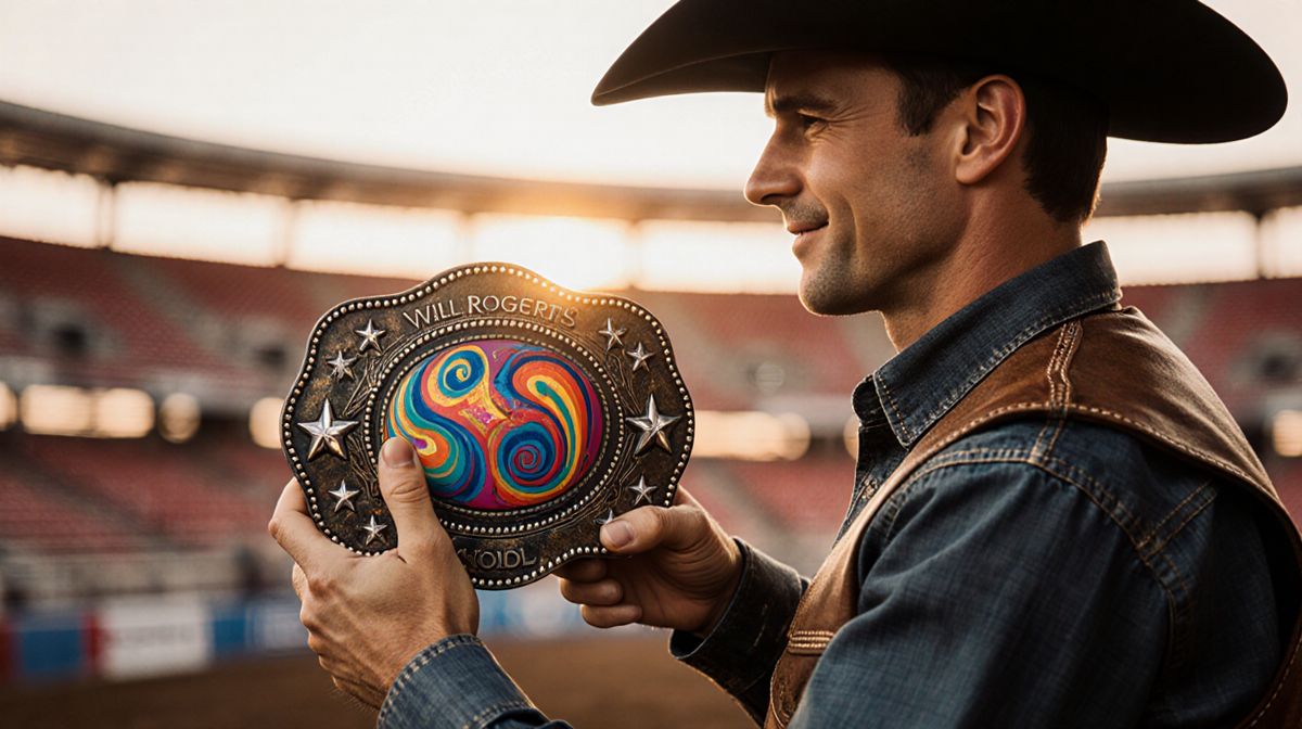 Rodeo rider holding a belt buckle with swirling patterns and glittering stars while the Will Rogers Coliseum glows.