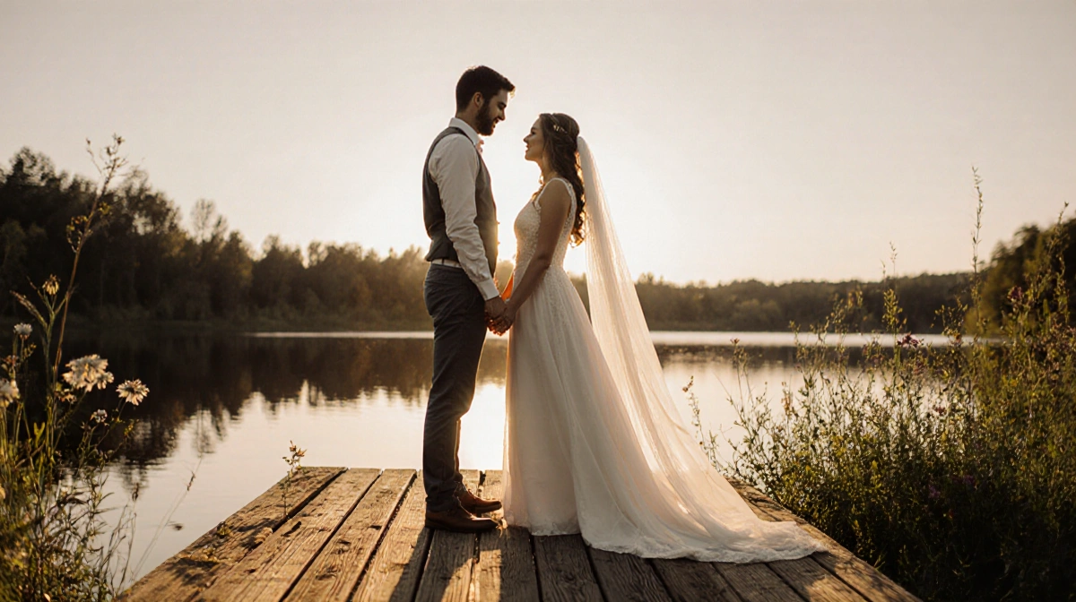 Zach Bryan and bride Samantha share a tender moment with sunset glow on dock and reflections on lake