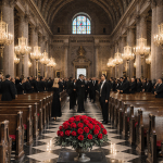 Valentino mannequins display iconic designs with red roses and velvet drapes in a historic funeral hall